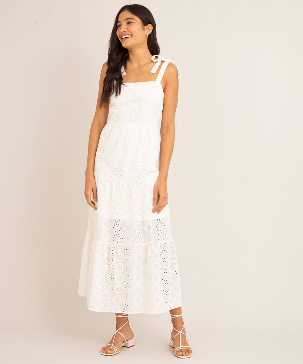 vestido midi de laise com recortes e amarração alça média off white